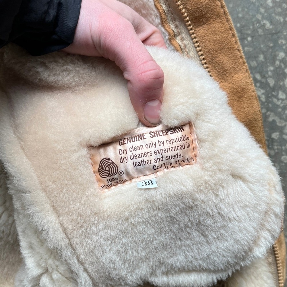 VTG 80s Raleghs Sheepskin Shearling Wool Lined Suede Leather Bomber Jacket 38 - Picture 4 of 14